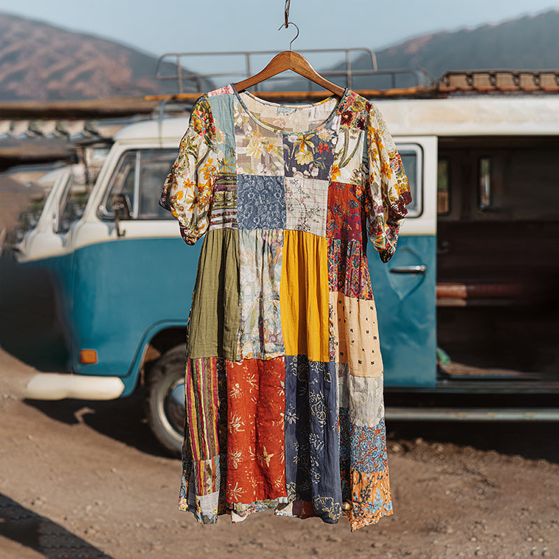 Countryside Style Collection Classy Patchwork Floral Pattern Art Linen Midi Dress artswardrobe