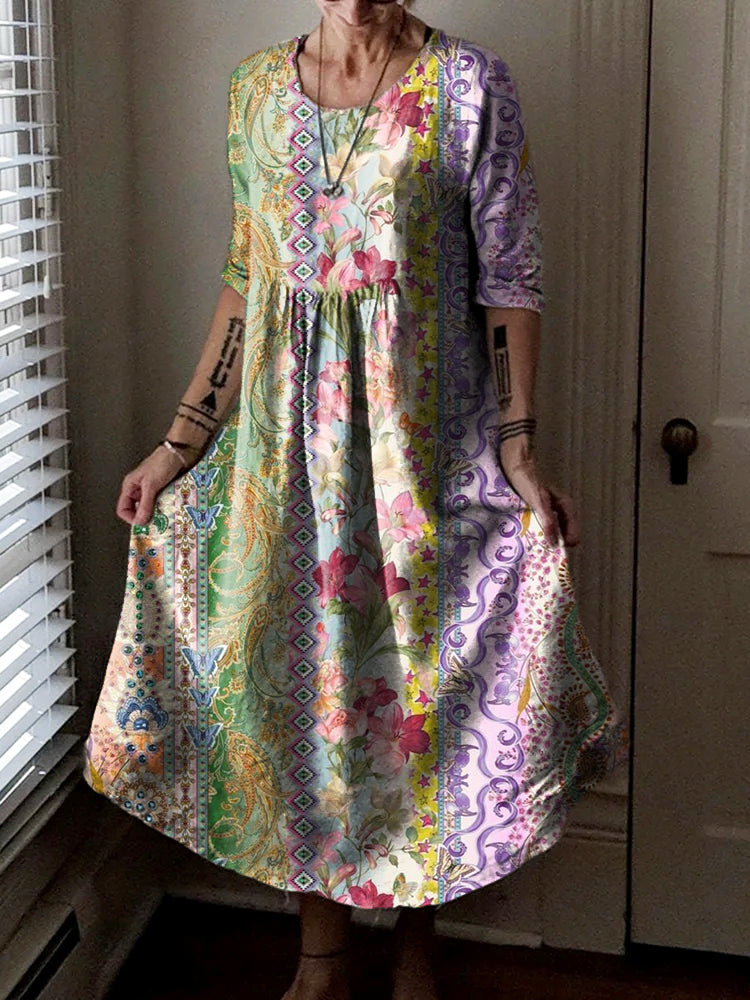 Women's Vintage Floral Art Print Pocket Cotton Dress