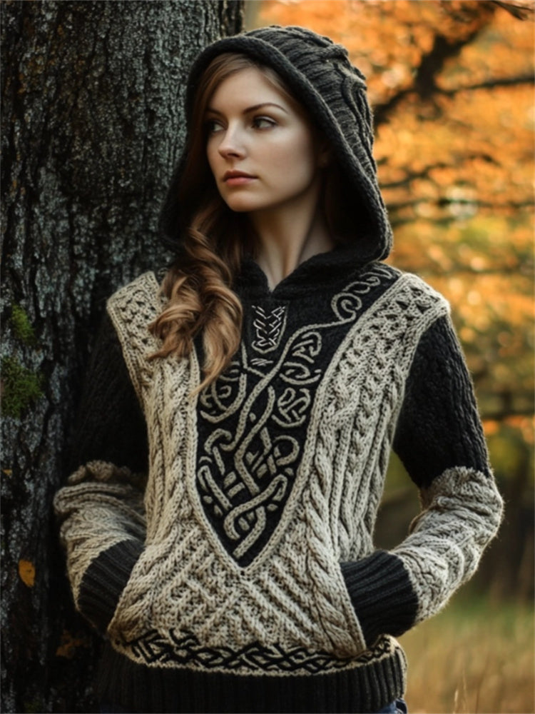 Vintage Celtic Contrast Color Cozy Hooded Sweater elevenforest