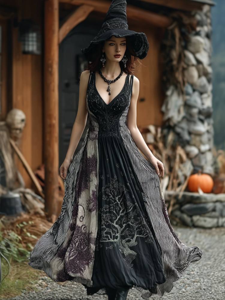 Comstylish Women's Dark Gothic Style Retro Cotton And Linen Dress