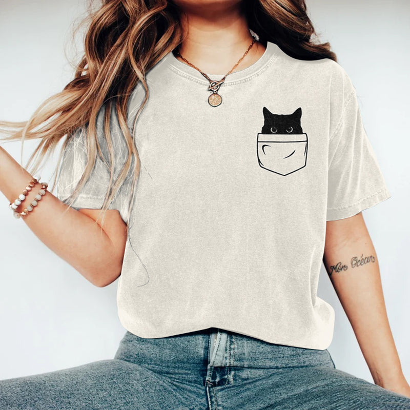Abstract Creative Pocket Black Cat Art Print T-shirt elevenforest