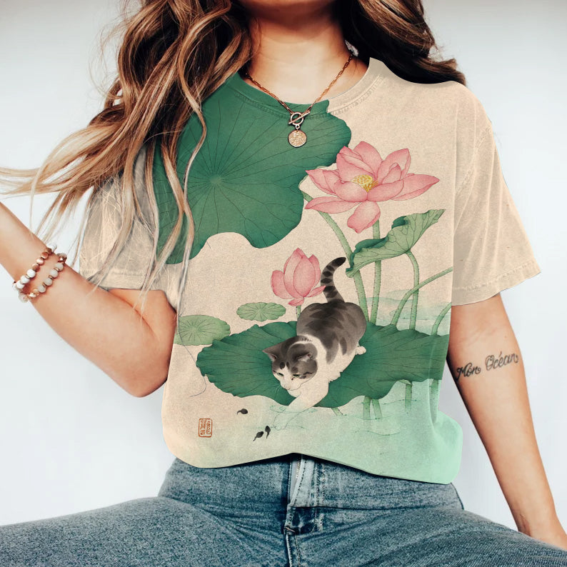 Casual Cute Cat And Lotus Print Crew Neck T-Shirt elevenforest