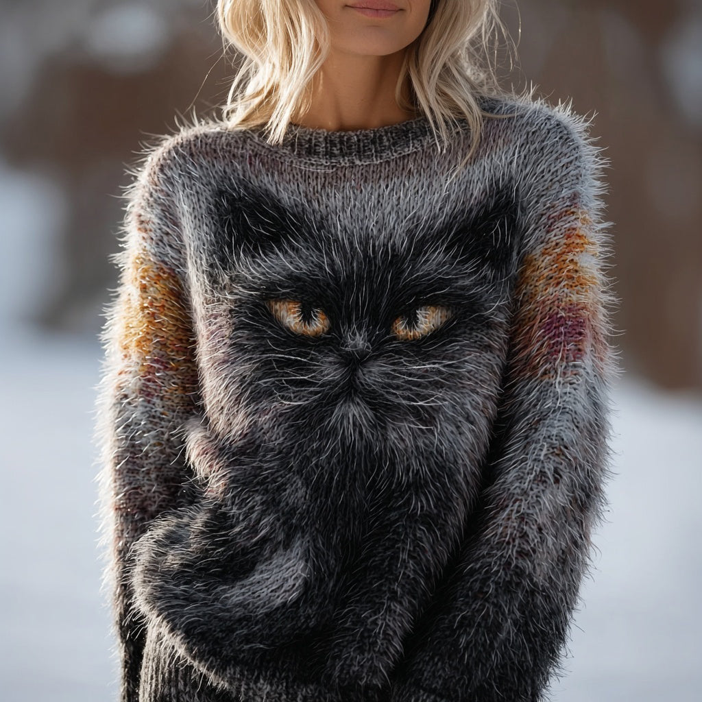 Cute Fuzzy Cat Inspired Pattern Vintage Cozy Sweater elevenforest