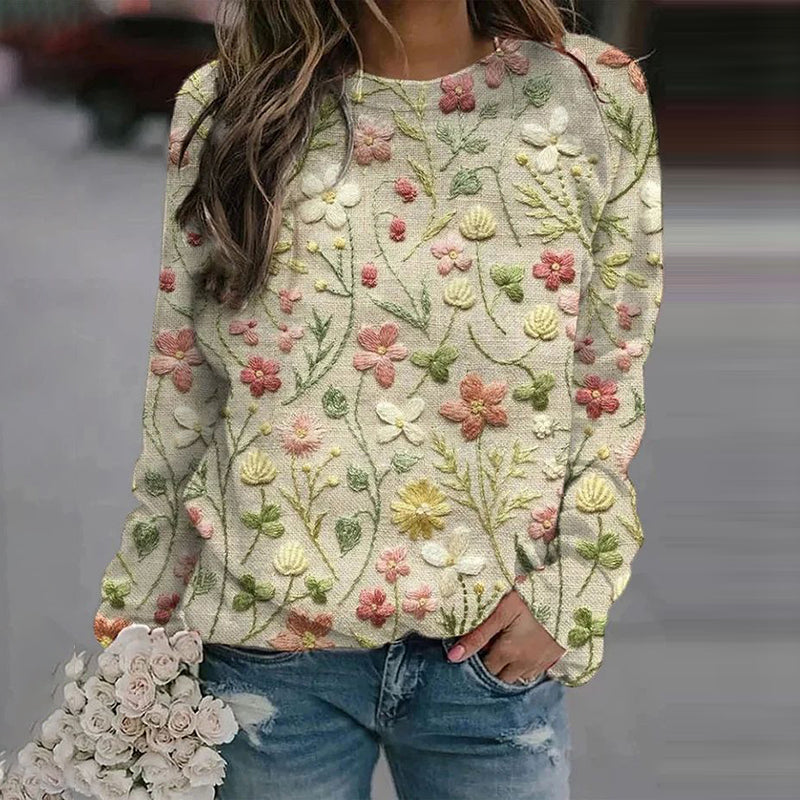 Comstylish Floral Print Crew Neck Long Sleeve Casual Sweatshirt