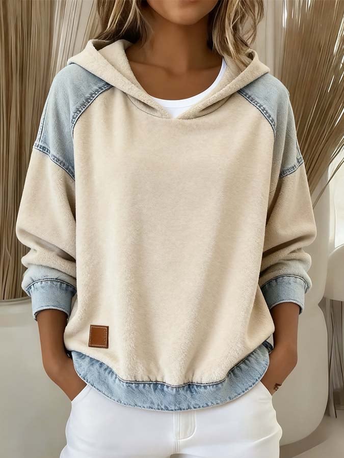 Women'S Casual Denim And Lace Hooded Sweatshirt