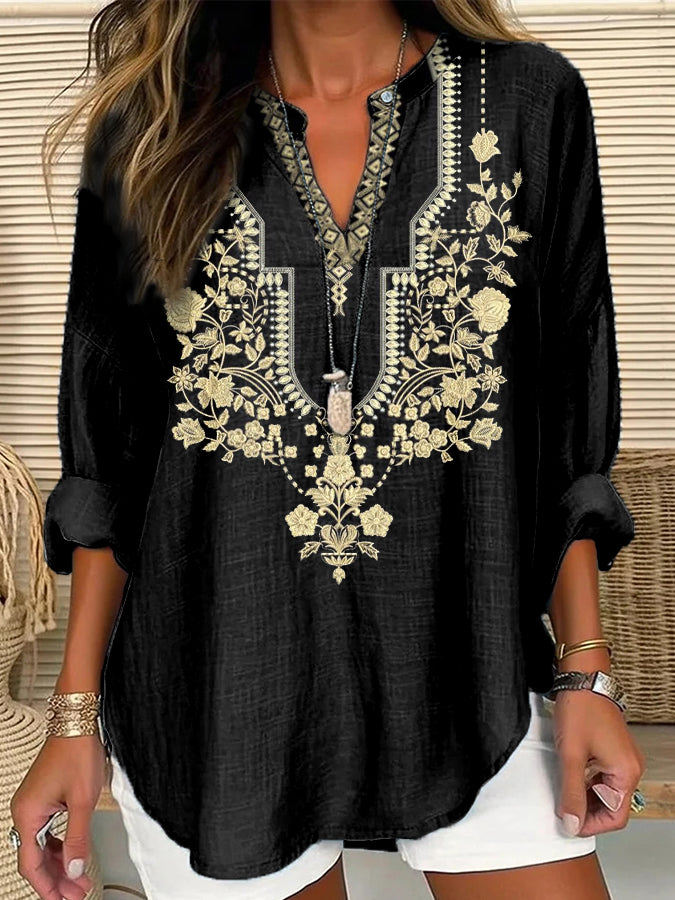 Comstylish Classic Ethnic Floral Pattern Women's V-Neck Shirt