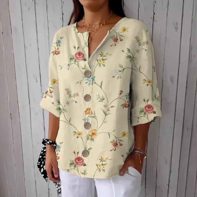 Women's Vintage Floral Art Linen Blend Casual Shirt artswardrobe