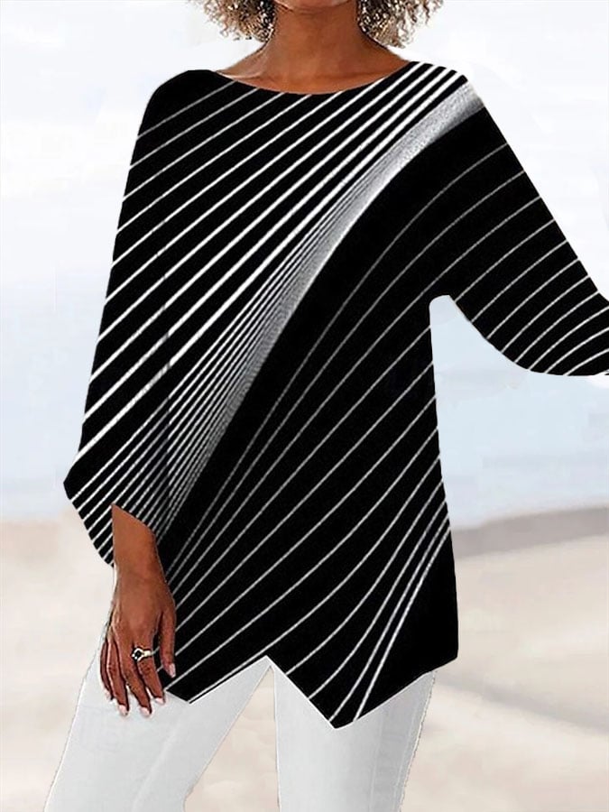 Women's Casual Graphic Print Round Neck Long Sleeve Irregular Hem Top