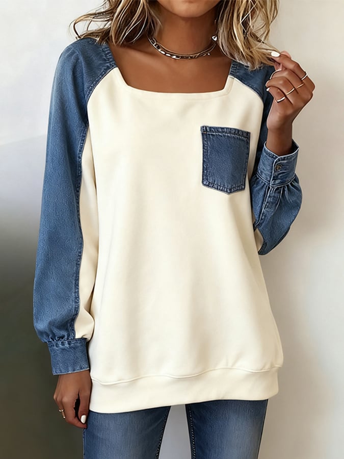 Women'S Casual Square Neck Contrast Color Stitching Sweatshirt