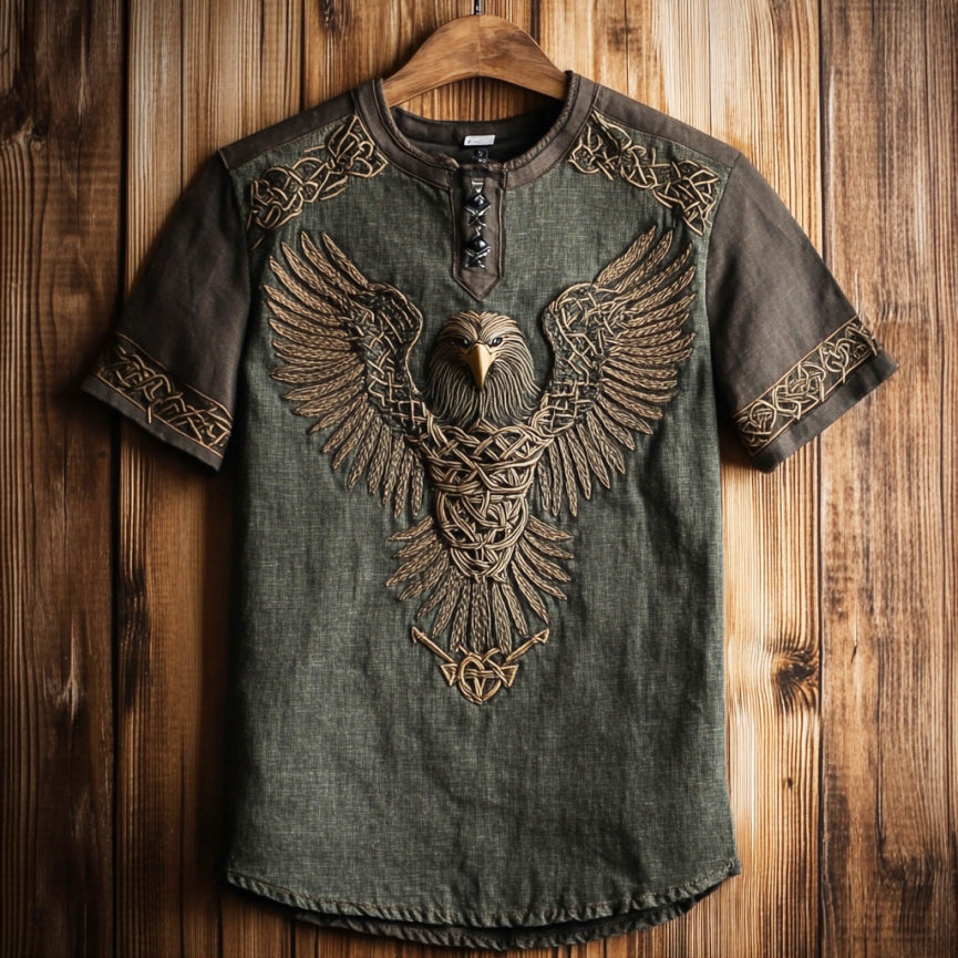 Men's Viking Celtic Eagle Embroidery Art Linen T Shirt artswardrobe