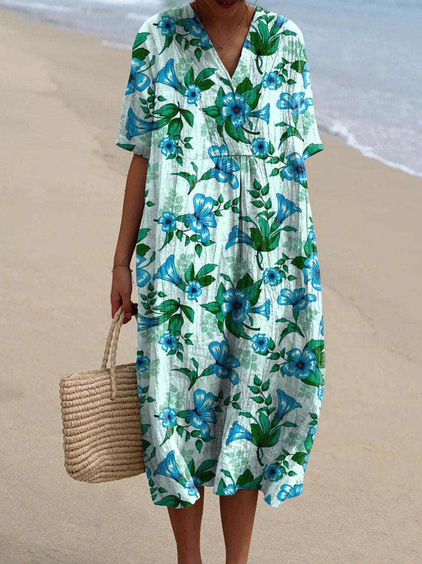 Summer Tropical Blue Floral Pattern Printed Women's Flowy Dress