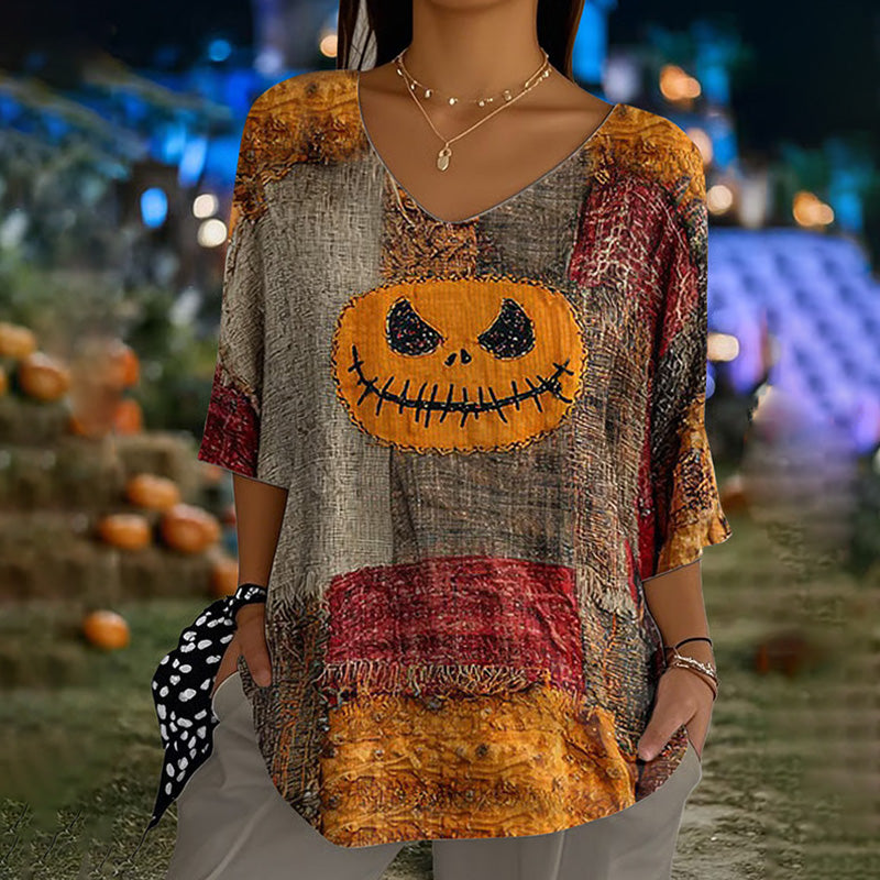Women's Halloween Retro Pumpkin Emoticon Print Top artswardrobe