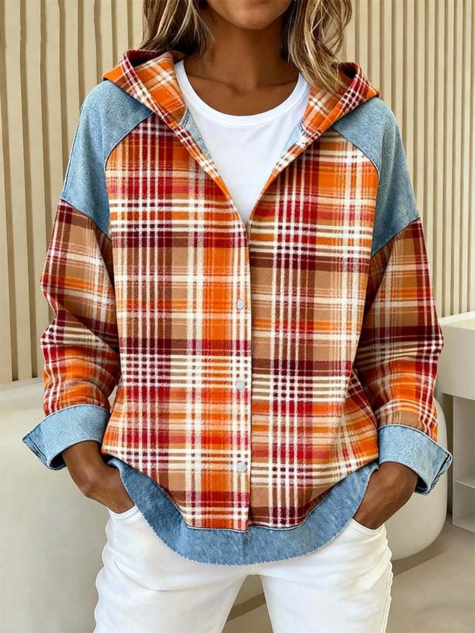 Women'S Casual Plaid Contrasting Hooded Shirt Jacket