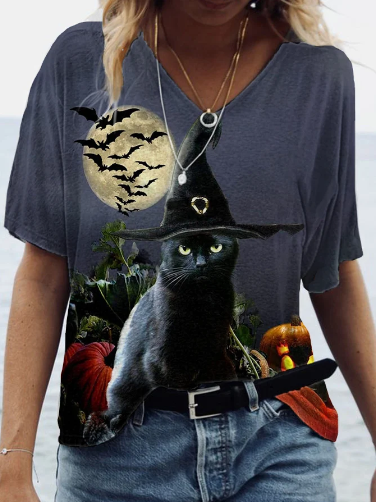Women's Black Cat Casual T-Shirt elevenforest