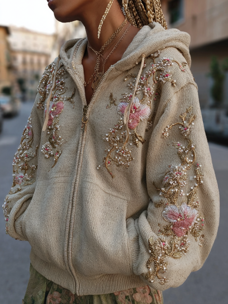 Comstylish Bohemian Style Pink Flower Embroidery Hooded Long Sleeve Jacket With Zipper