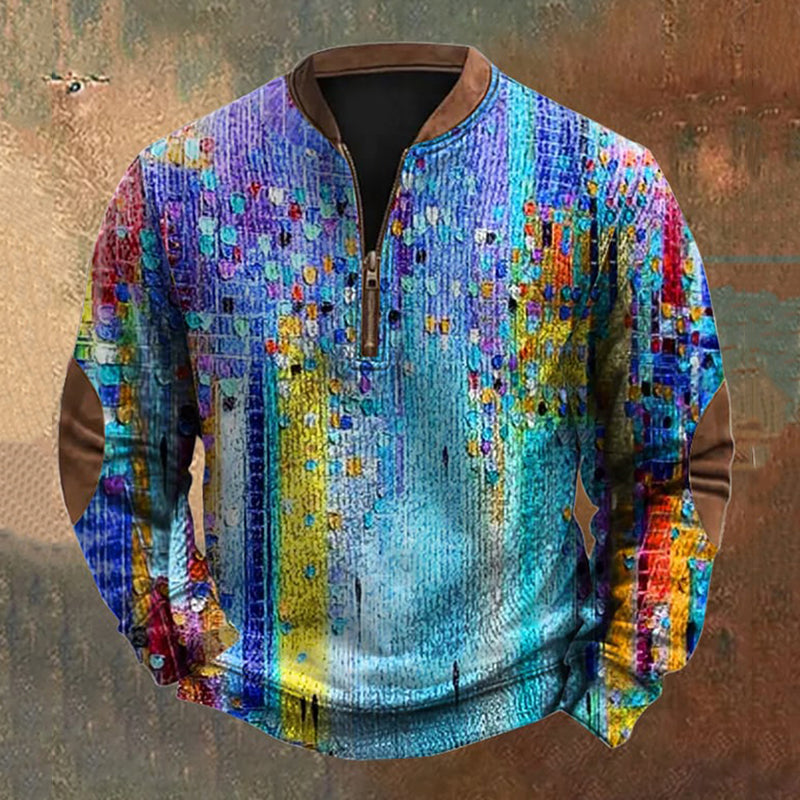 Men's Vintage Oil Painting Color Block Zipper Sweatshirt elevenforest