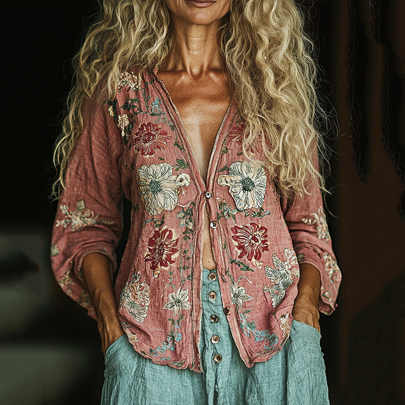 Bohemian Linen Floral Print Long Sleeve Shirt artswardrobe