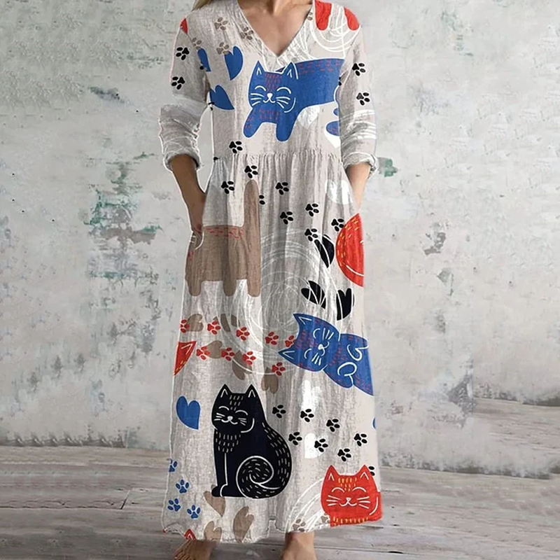 Vintage Graffiti Cat Art Pattern Women's Linen Dress elevenforest