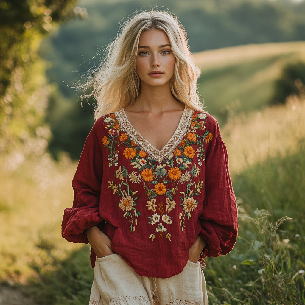 Retro Bohemian Floral Embroidery Art Linen Blend Loose Blouse artswardrobe