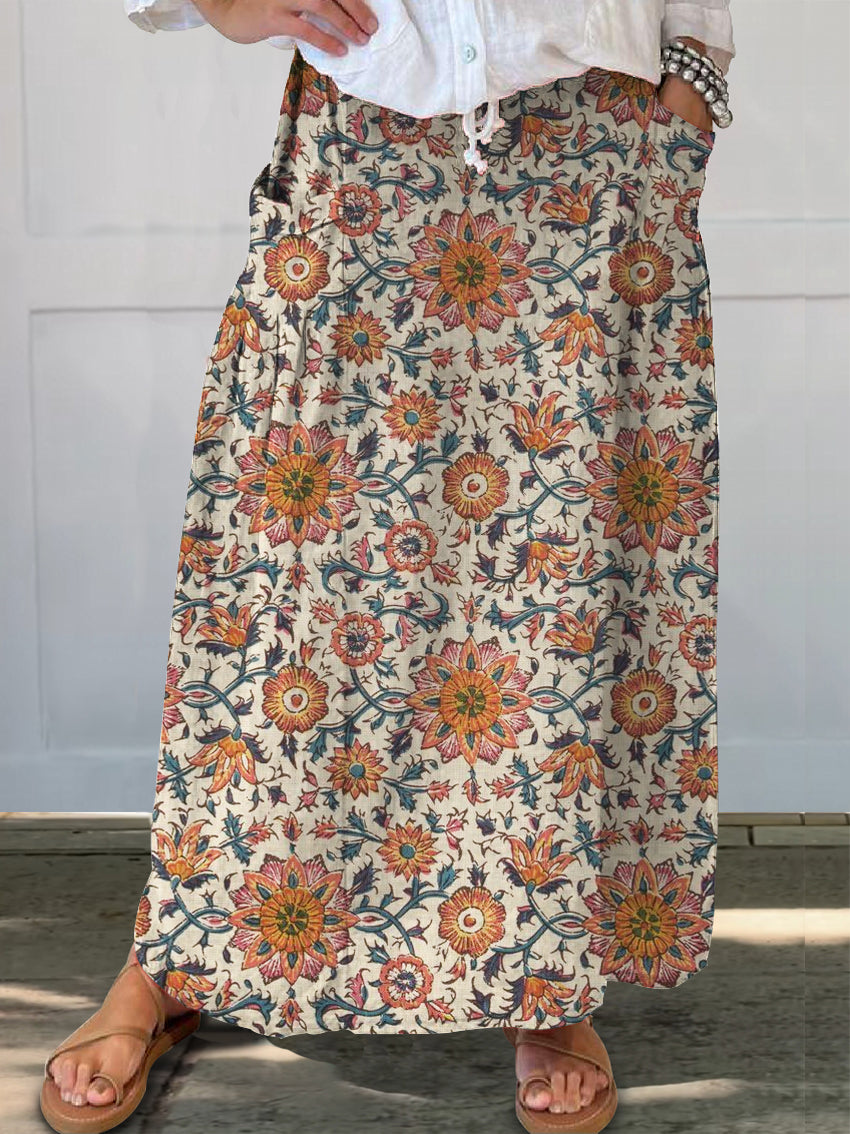 Women's Ethnic Totem Flower Print Linen Pocket Skirt