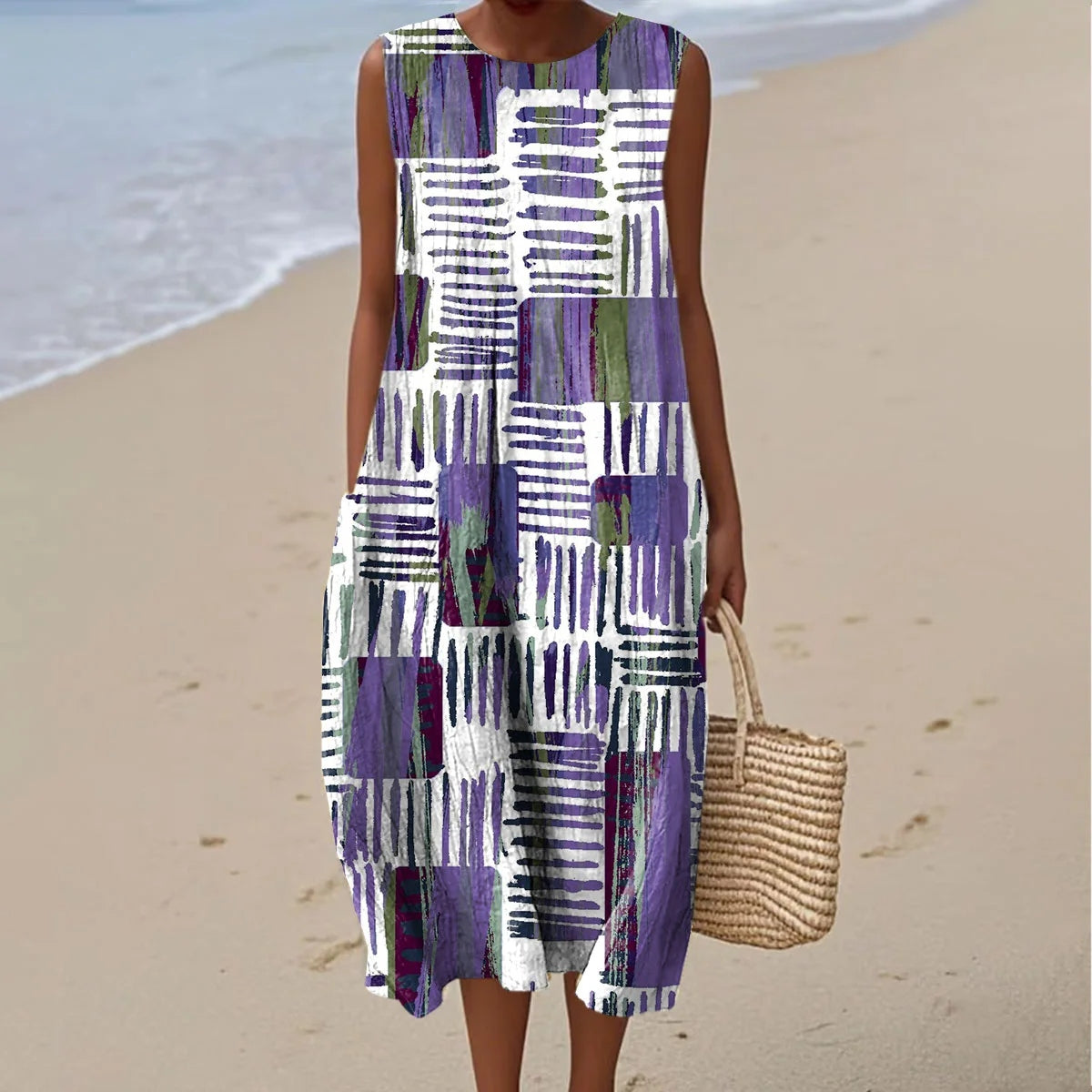 Women's Color Block Art Print Linen Vest Dress artswardrobe
