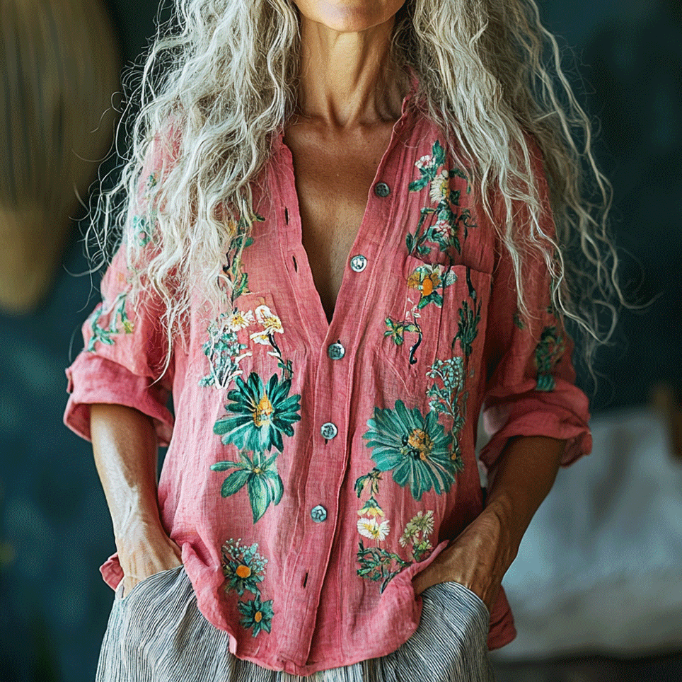 Retro Bohemian Style Linen Floral Art Print Long Sleeve Loose Shirt artswardrobe