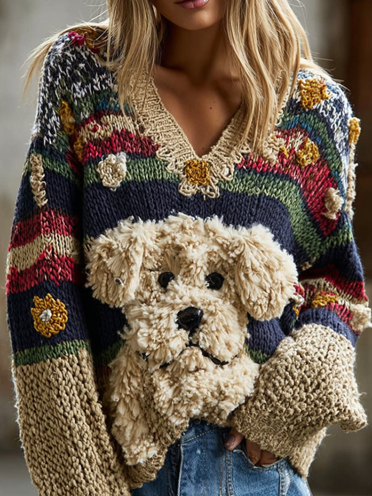 Comstylish Women's Colorful Striped Plush Dog Pattern Embroidered V-neck Knit Sweater