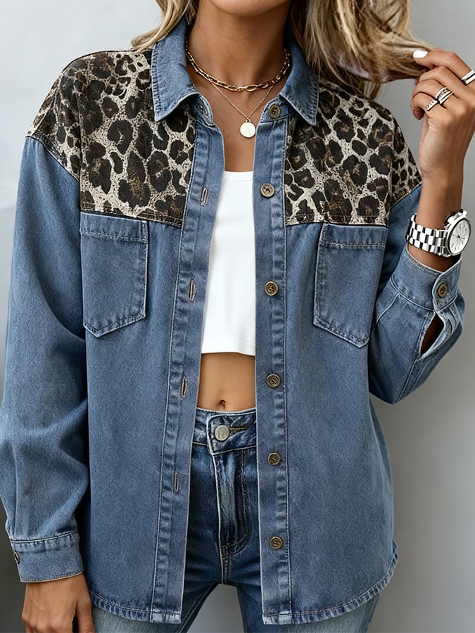 Women'S Casual Lapel Loose Leopard Print Denim Shirt