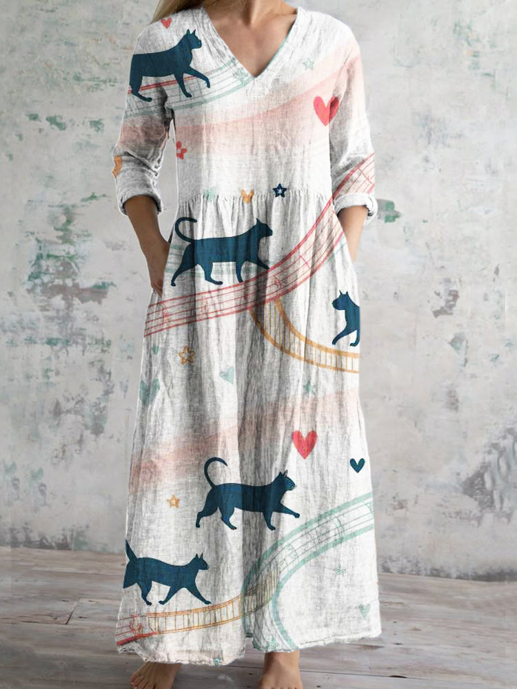 Cat Love Element Printed Women's V-neck Linen Maxi Dress elevenforest