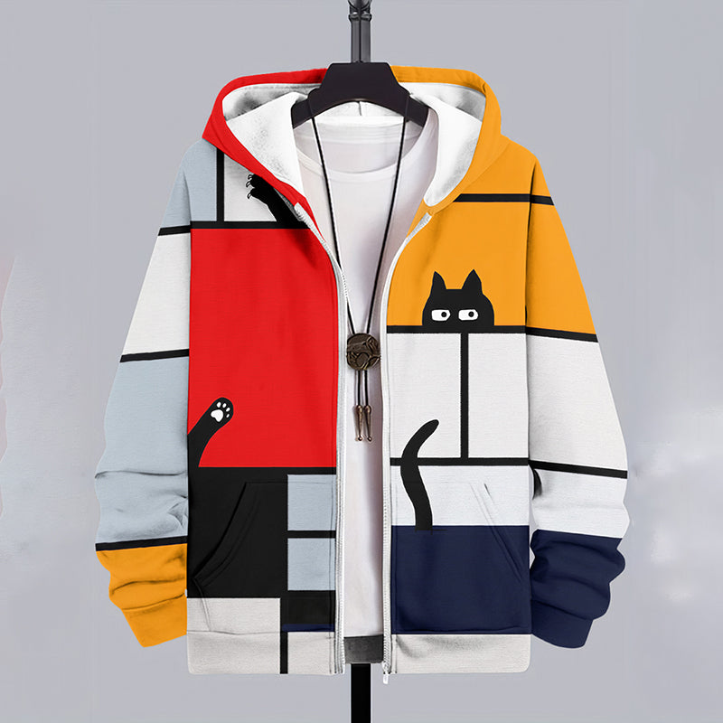 Vintage Colorblock Mondrian Cat Print Casual Zip Hoodie elevenforest