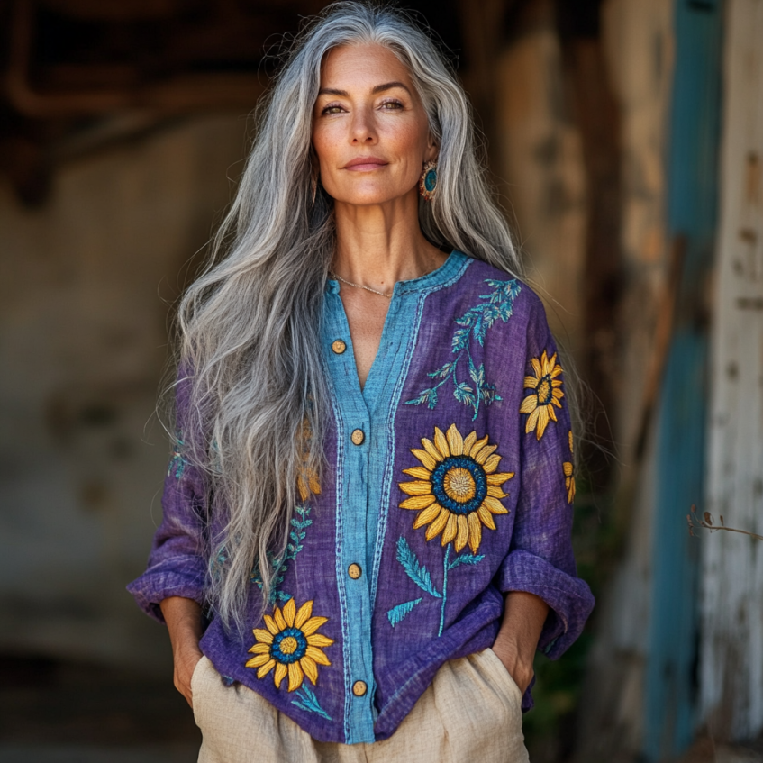 Ukraine Sunflower With Bohemian Linen Floral Art Print Long Sleeve Loose Shirt artswardrobe