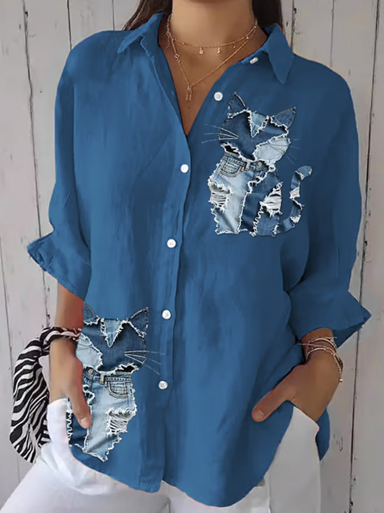 Women's Retro Funny Denim Patch Animal Cat Print Casual Shirt artswardrobe