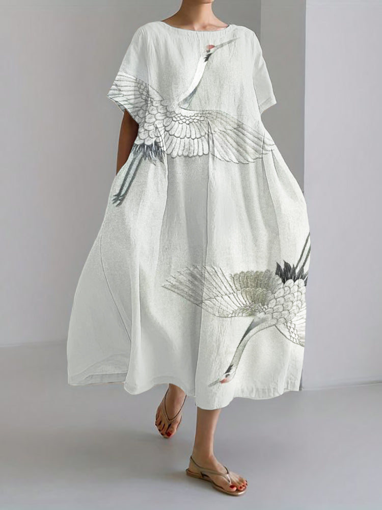 Comstylish Flying Cranes Japanese Embroidered Linen Blend Maxi Dress