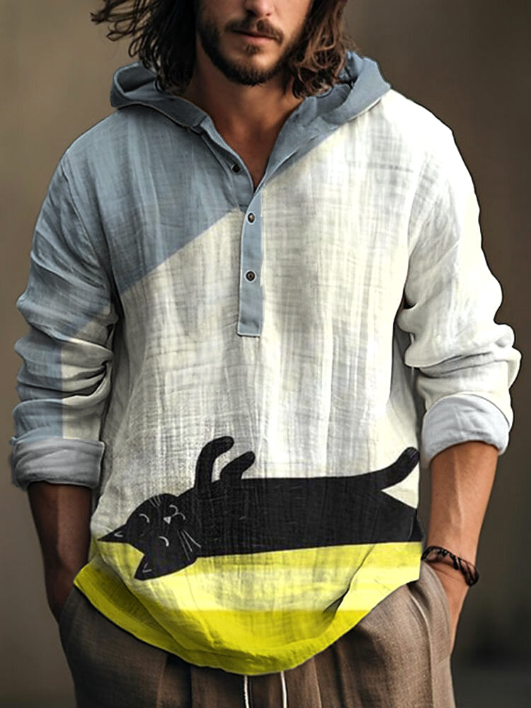 Black Cat Linen Blend Hooded Shirt elevenforest