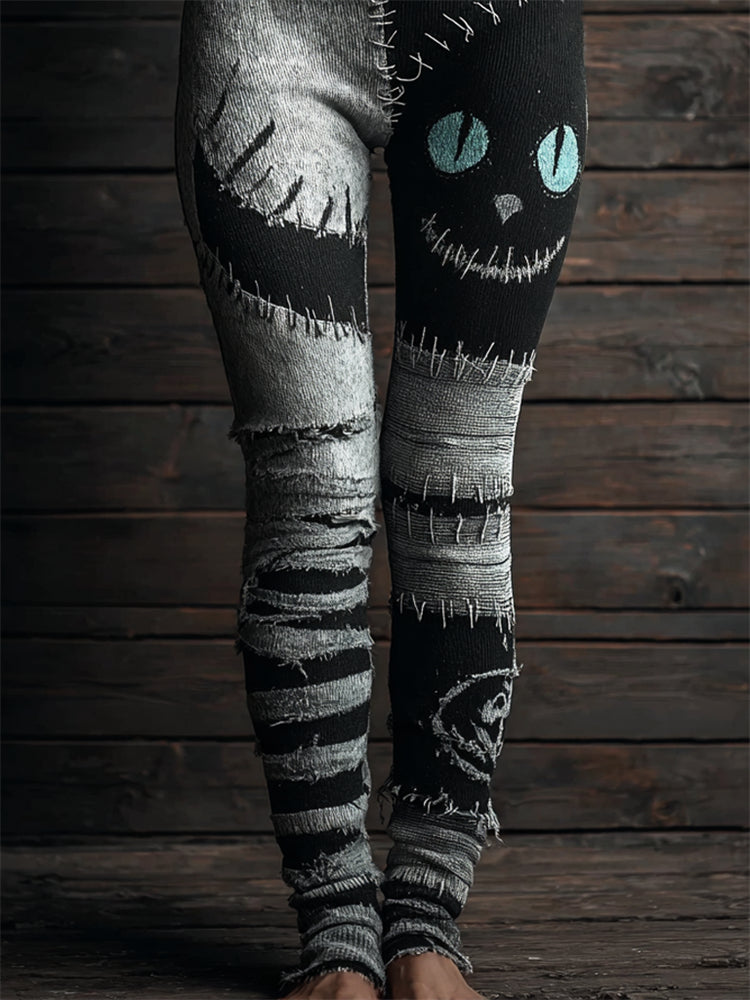 Halloween Spooky Cat Face Contrast Stitched Patchwork Cozy Knit Leggings elevenforest