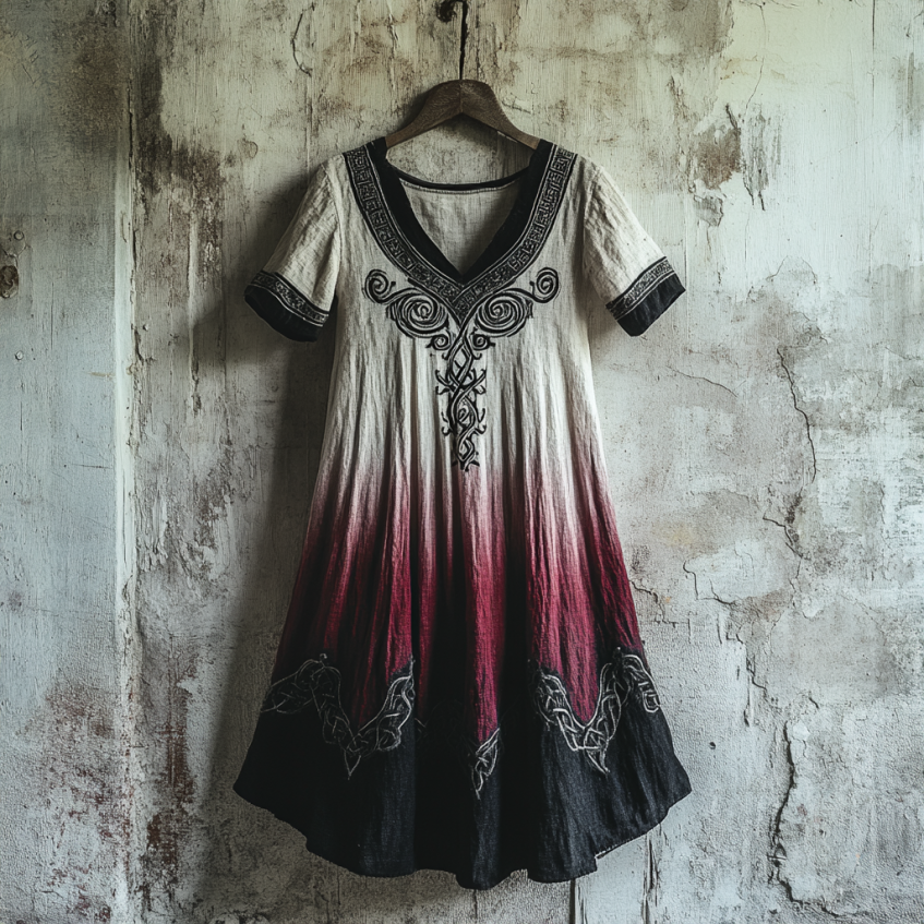 Bohemian Viking Tribal Celtic Knot Gradient Embroidery Art Linen Round Neck Midi Dress artswardrobe