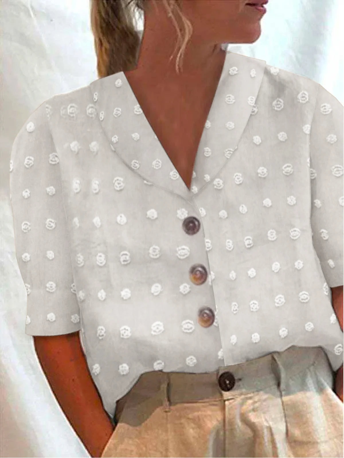 Plain Loose Simple Shirt Collar Linen Style Blouse