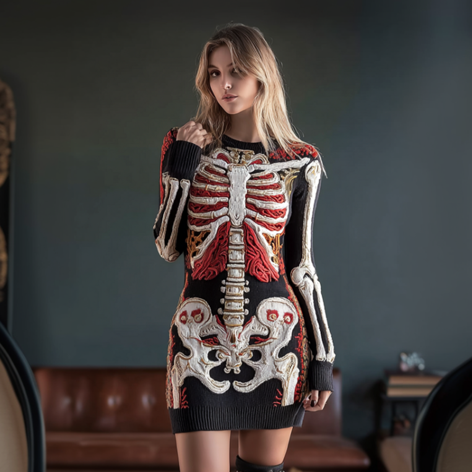 Halloween Human Anatomy Pattern Design Women's Round Neck Knit Sweater Dress artswardrobe