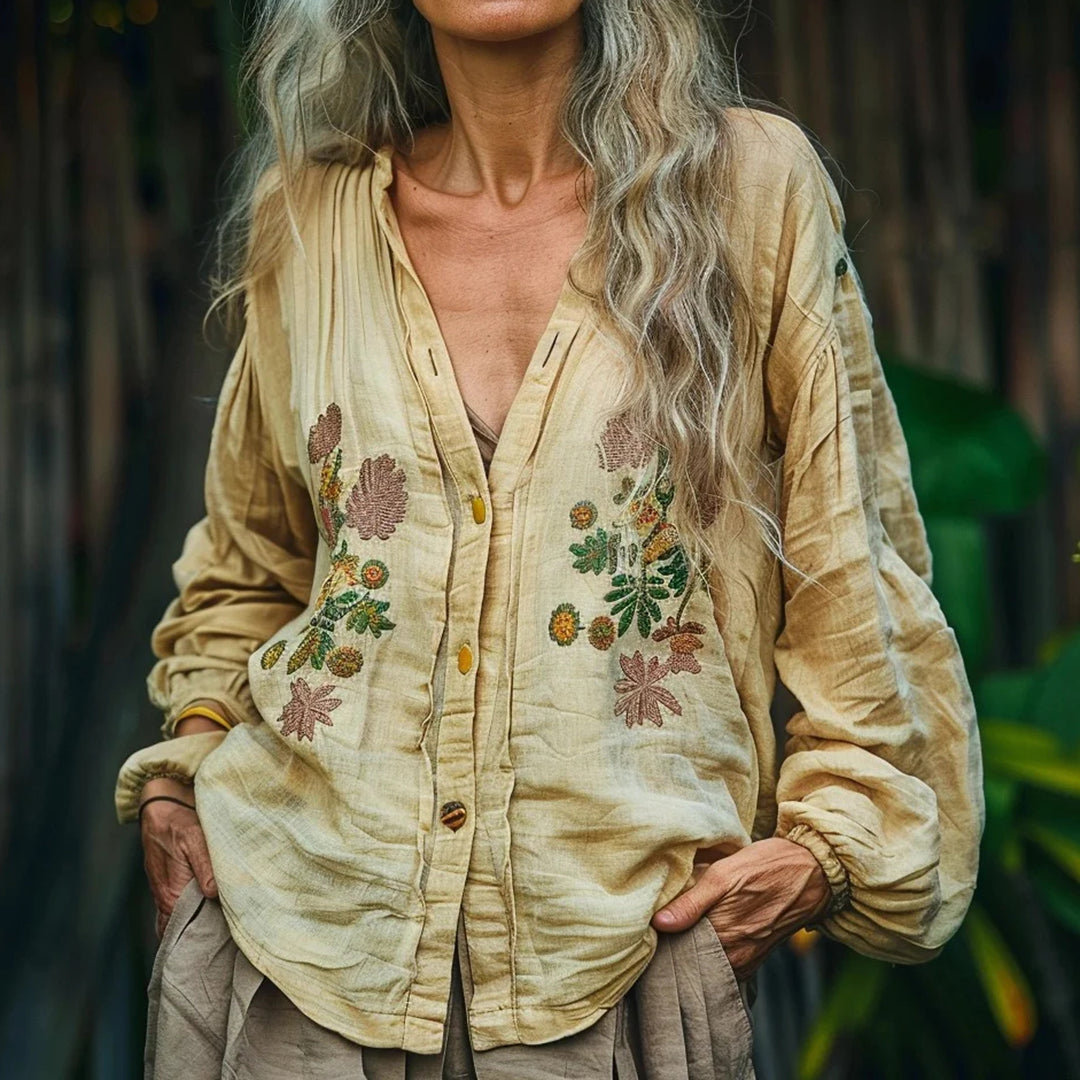 Bohemian Style Linen Floral Art Print Long Sleeve Loose Shirt artswardrobe