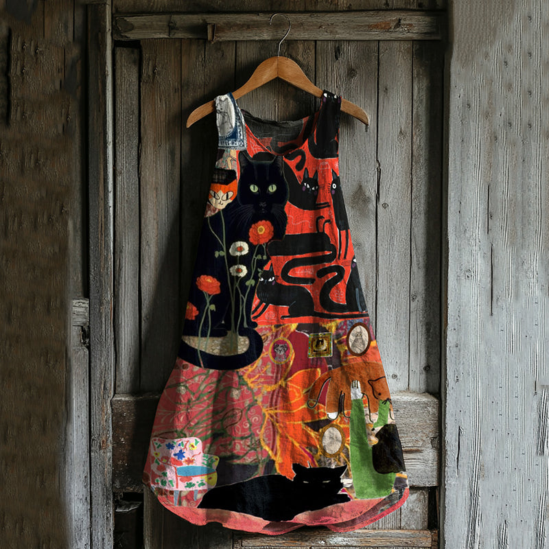 Vintage Abstract Creative Cute Cats Patchwork Art Linen Blend Tank Dress elevenforest
