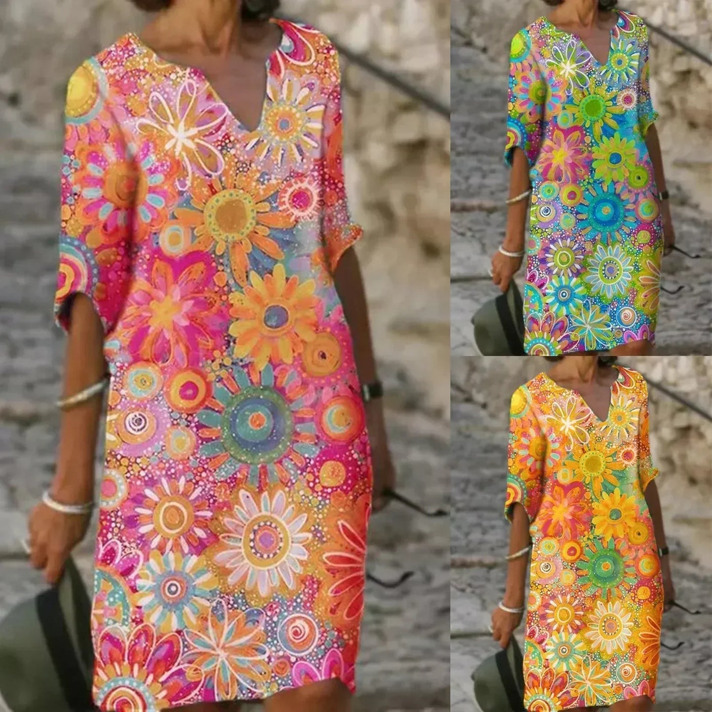 LM | Midi dress with V-neck and floral pattern