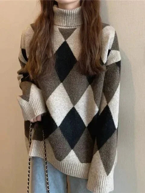 LM | Sweater with high neckline in checkerboard pattern