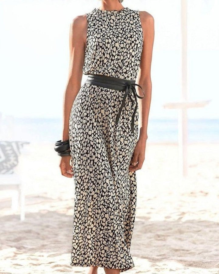 LM | Sleeveless dress with trendy print and belt