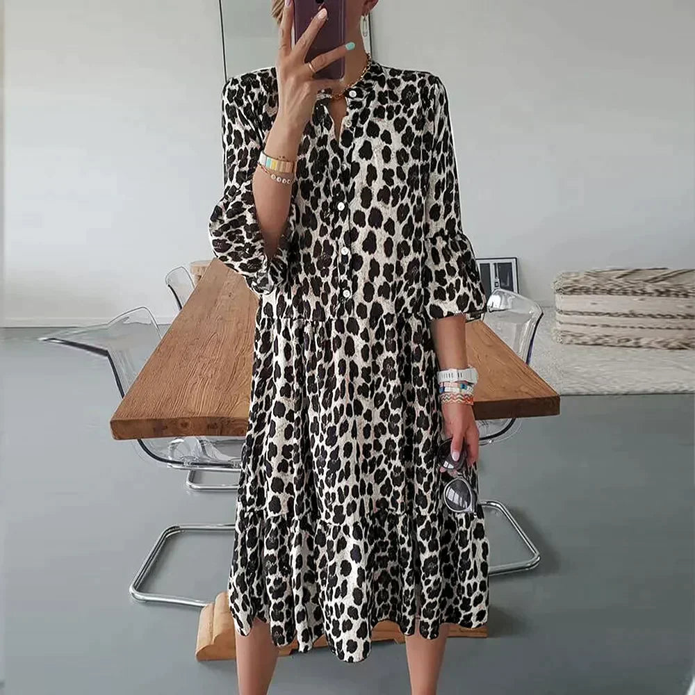 LM | Midi dress with leopard print, button placket and 3/4 sleeves