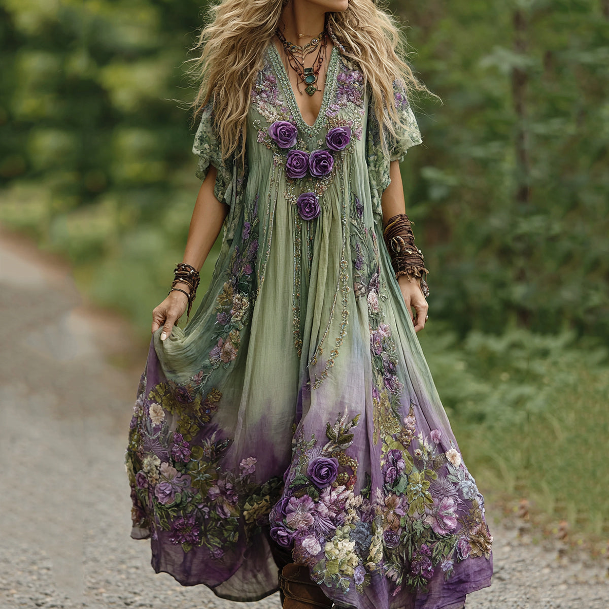 Vintage Green And Purple Lavender Patchwork And Floral Embroidered Art Linen Maxi Dress artswardrobe