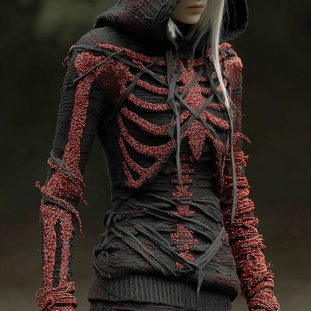 Halloween Bandage Skull Art Slim Fit Knit Hooded Sweater artswardrobe