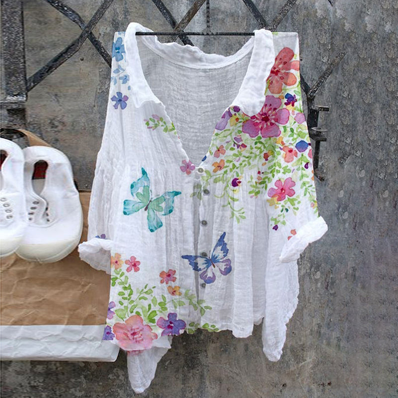 Comstylish Butterfly Retro Cotton Linen Casual Floral Print Cotton Linen Shirt