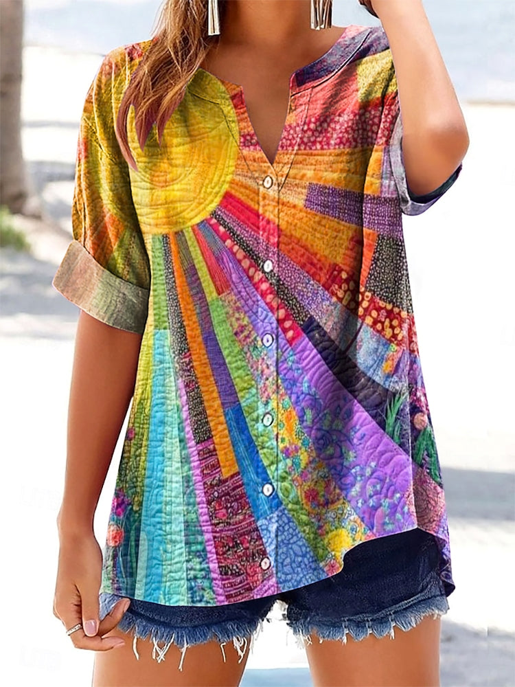 Women's Colorful Sun Collage Art Print Casual Short Sleeve Cotton and