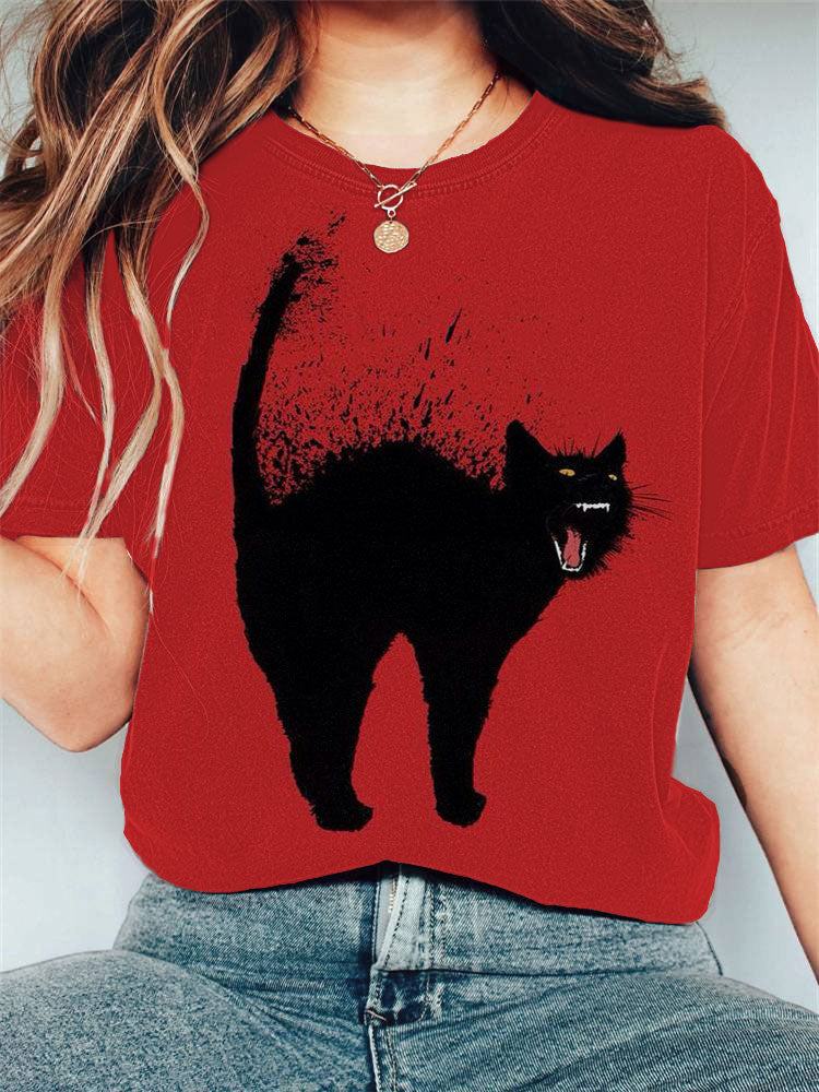 Women's Casual Halloween Black Cat Print T-shirt elevenforest