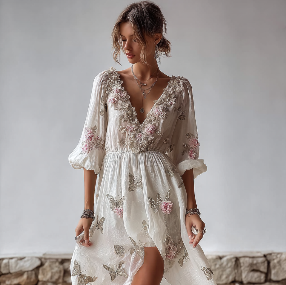 Comstylish Bohemian Style Plant Flower And Butterfly Pattern Embroidery Design V-neck Woman's Long Dress